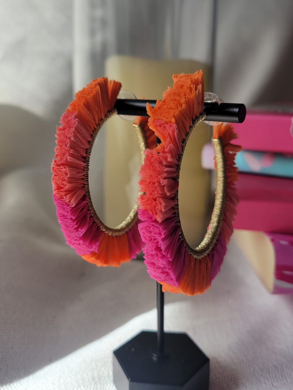 S&D Raffia Hoop Earrings in Pink & Orange